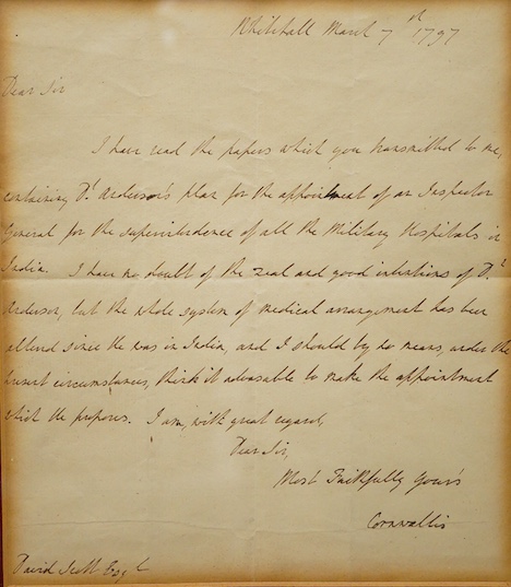 A framed handwritten letter, written by Charles, Marquis Cornwallis, addressed to David Scott Esq. and dated ‘Whitehall March 7th, 1797’, the letter discusses the appointment of an Inspector General for the supervision o